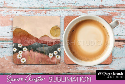 Boho Square Coaster Sublimation - Minimalist Landscape PNG Sublimation OrangeBrushStudio 