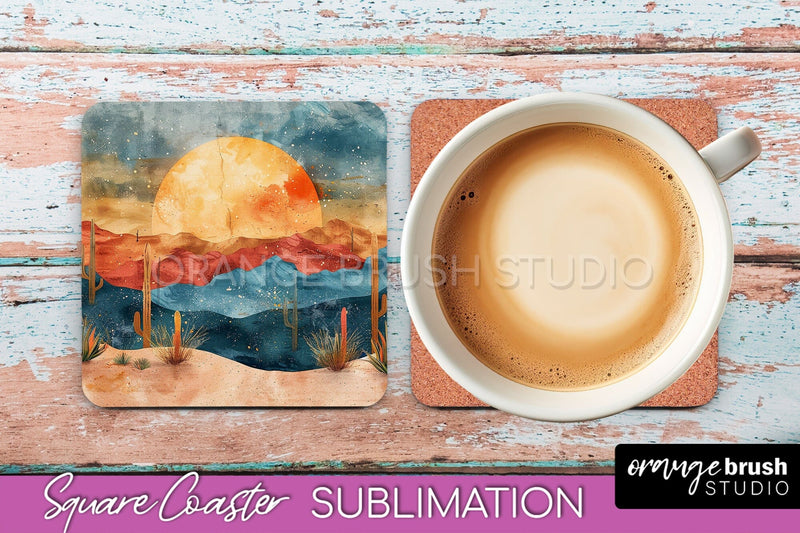 Boho Square Coaster Sublimation - Minimalist Landscape PNG Sublimation OrangeBrushStudio 