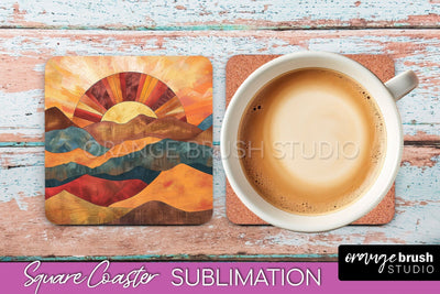 Boho Square Coaster Sublimation - Minimalist Landscape PNG Sublimation OrangeBrushStudio 