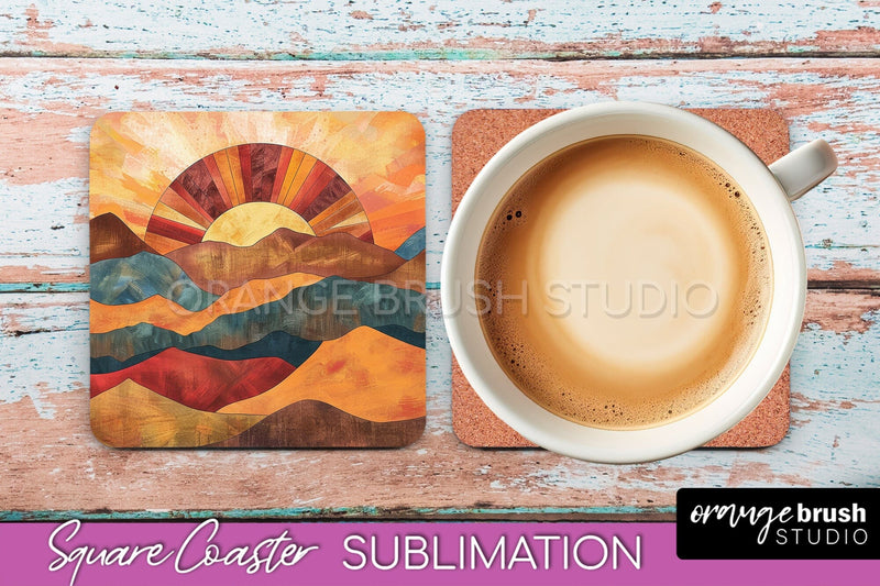 Boho Square Coaster Sublimation - Minimalist Landscape PNG Sublimation OrangeBrushStudio 