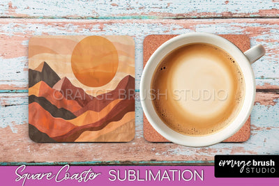 Boho Square Coaster Sublimation - Minimalist Landscape PNG Sublimation OrangeBrushStudio 