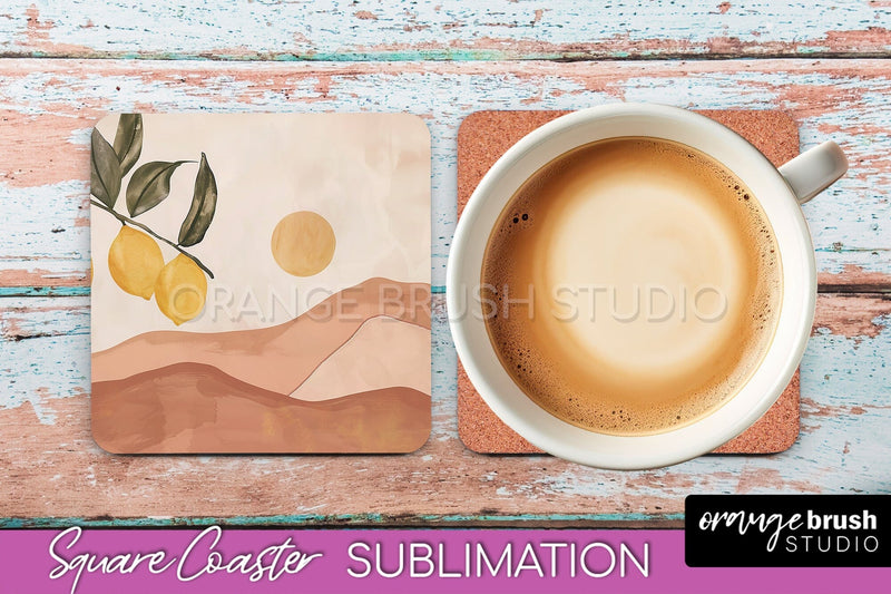 Boho Square Coaster Sublimation - Minimalist Landscape PNG Sublimation OrangeBrushStudio 