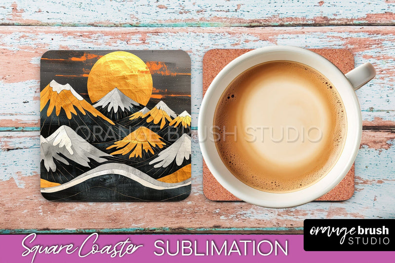 Boho Square Coaster Sublimation - Minimalist Landscape PNG Sublimation OrangeBrushStudio 