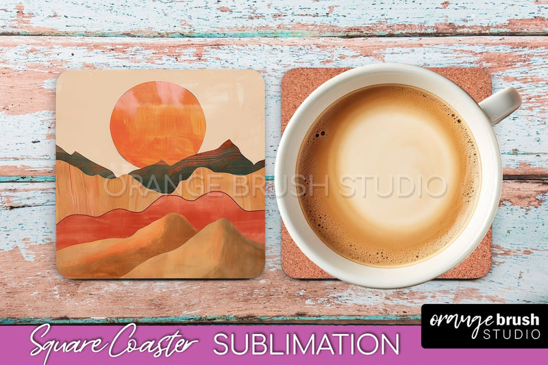 Boho Square Coaster Sublimation - Minimalist Landscape PNG Sublimation OrangeBrushStudio 