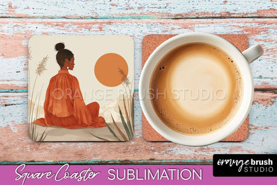Boho Square Coaster Sublimation - Minimalist Landscape PNG Sublimation OrangeBrushStudio 
