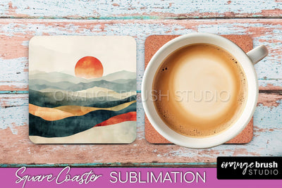 Boho Square Coaster Sublimation - Minimalist Landscape PNG Sublimation OrangeBrushStudio 