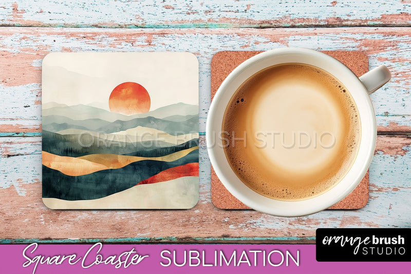 Boho Square Coaster Sublimation - Minimalist Landscape PNG Sublimation OrangeBrushStudio 