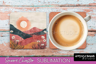 Boho Square Coaster Sublimation - Minimalist Landscape PNG Sublimation OrangeBrushStudio 