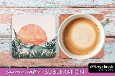 Boho Square Coaster Sublimation - Minimalist Landscape PNG Sublimation OrangeBrushStudio 