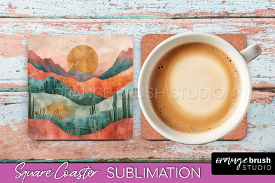 Boho Square Coaster Sublimation - Minimalist Landscape PNG Sublimation OrangeBrushStudio 