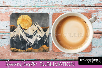 Boho Square Coaster Sublimation - Minimalist Landscape PNG Sublimation OrangeBrushStudio 
