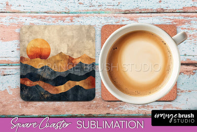 Boho Square Coaster Sublimation - Minimalist Landscape PNG Sublimation OrangeBrushStudio 