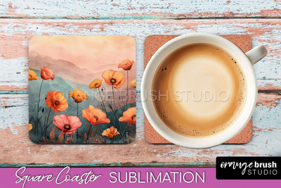 Boho Square Coaster Sublimation - Minimalist Landscape PNG Sublimation OrangeBrushStudio 