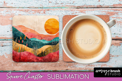Boho Square Coaster Sublimation - Minimalist Landscape PNG Sublimation OrangeBrushStudio 