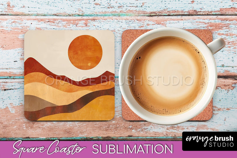 Boho Square Coaster Sublimation - Minimalist Landscape PNG Sublimation OrangeBrushStudio 