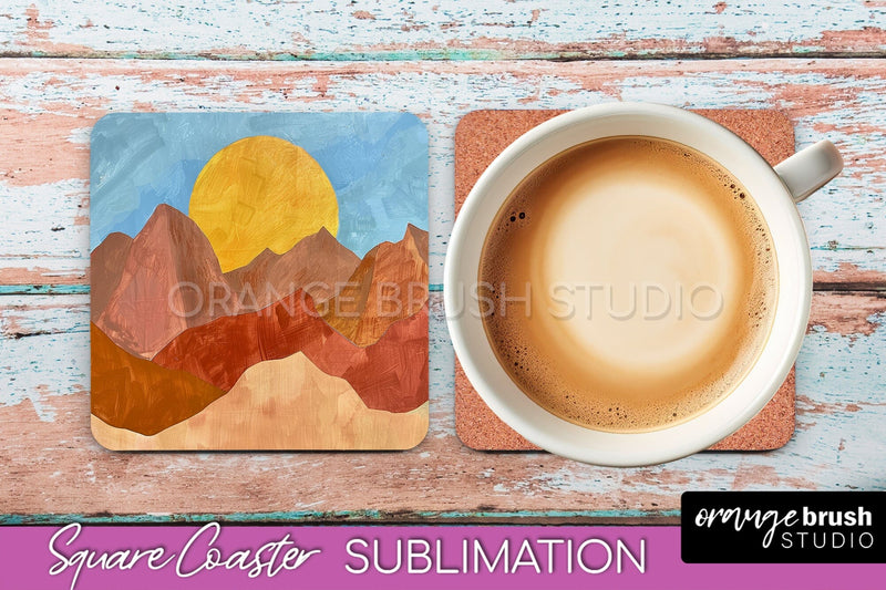 Boho Square Coaster Sublimation - Minimalist Landscape PNG Sublimation OrangeBrushStudio 