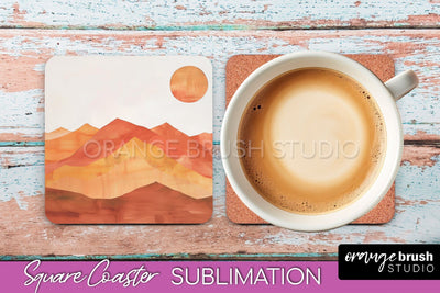 Boho Square Coaster Sublimation - Minimalist Landscape PNG Sublimation OrangeBrushStudio 