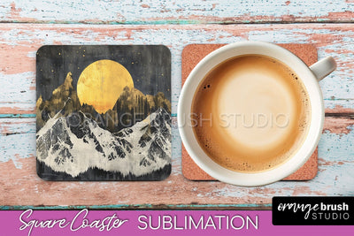 Boho Square Coaster Sublimation - Minimalist Landscape PNG Sublimation OrangeBrushStudio 