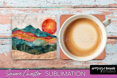 Boho Square Coaster Sublimation - Minimalist Landscape PNG Sublimation OrangeBrushStudio 