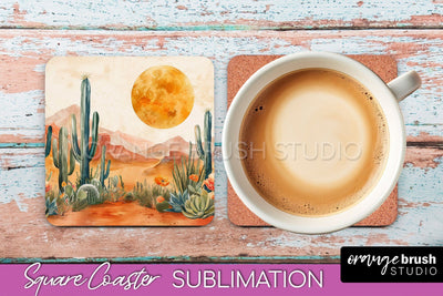 Boho Square Coaster Sublimation - Minimalist Landscape PNG Sublimation OrangeBrushStudio 