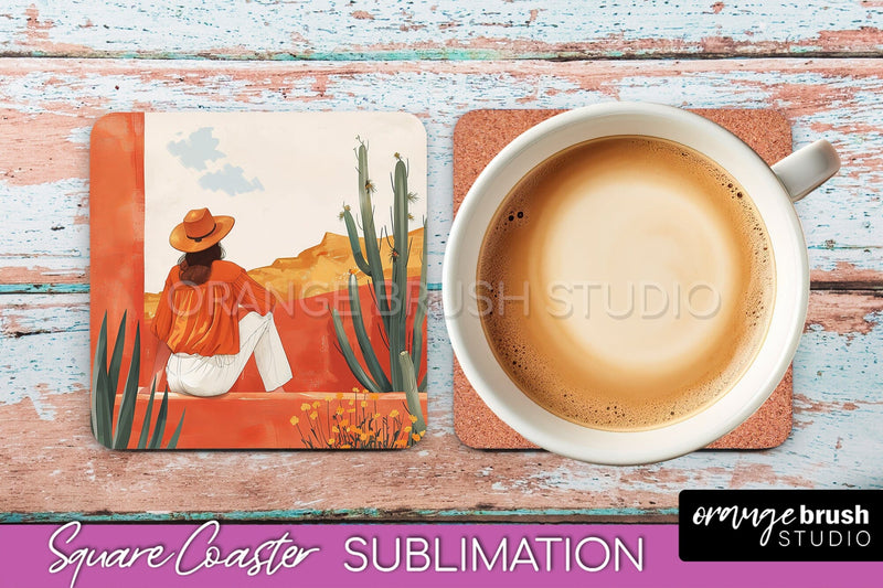 Boho Square Coaster Sublimation - Minimalist Landscape PNG Sublimation OrangeBrushStudio 