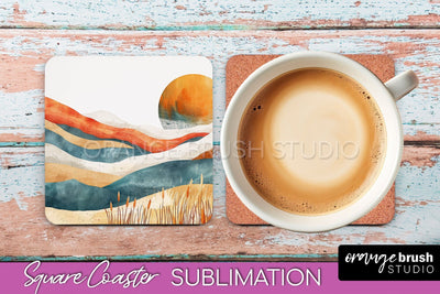 Boho Square Coaster Sublimation - Minimalist Landscape PNG Sublimation OrangeBrushStudio 