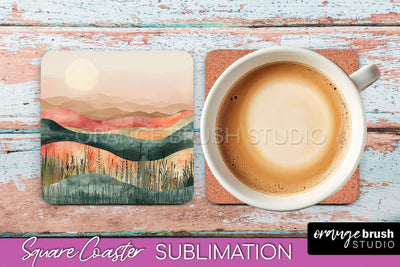 Boho Square Coaster Sublimation - Minimalist Landscape PNG Sublimation OrangeBrushStudio 