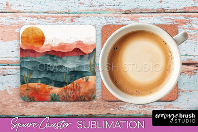 Boho Square Coaster Sublimation - Minimalist Landscape PNG Sublimation OrangeBrushStudio 