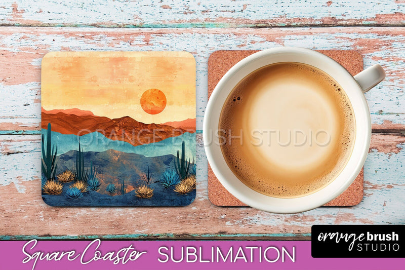 Boho Square Coaster Sublimation - Minimalist Landscape PNG Sublimation OrangeBrushStudio 