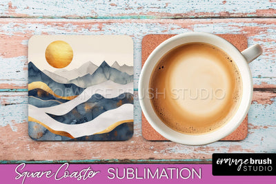 Boho Square Coaster Sublimation - Minimalist Landscape PNG Sublimation OrangeBrushStudio 