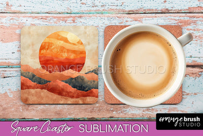 Boho Square Coaster Sublimation - Minimalist Landscape PNG Sublimation OrangeBrushStudio 