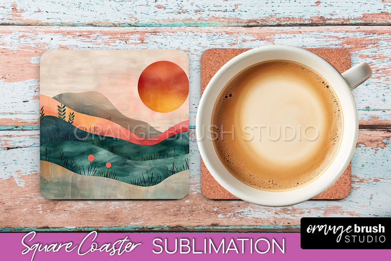 Boho Square Coaster Sublimation - Minimalist Landscape PNG Sublimation OrangeBrushStudio 
