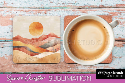 Boho Square Coaster Sublimation - Minimalist Landscape PNG Sublimation OrangeBrushStudio 