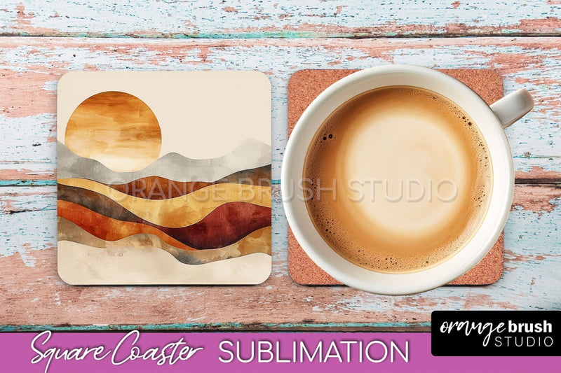 Boho Square Coaster Sublimation - Minimalist Landscape PNG Sublimation OrangeBrushStudio 
