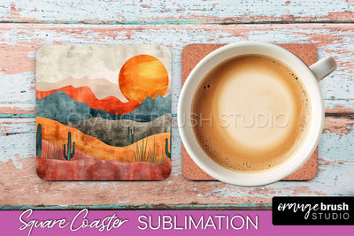 Boho Square Coaster Sublimation - Minimalist Landscape PNG Sublimation OrangeBrushStudio 