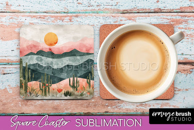 Boho Square Coaster Sublimation - Minimalist Landscape PNG Sublimation OrangeBrushStudio 