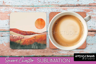 Boho Square Coaster Sublimation - Minimalist Landscape PNG Sublimation OrangeBrushStudio 