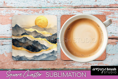 Boho Square Coaster Sublimation - Minimalist Landscape PNG Sublimation OrangeBrushStudio 