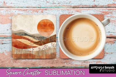 Boho Square Coaster Sublimation - Minimalist Landscape PNG Sublimation OrangeBrushStudio 