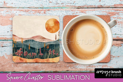 Boho Square Coaster Sublimation - Minimalist Landscape PNG Sublimation OrangeBrushStudio 