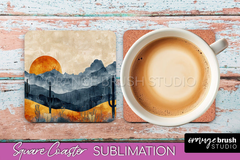 Boho Square Coaster Sublimation - Minimalist Landscape PNG Sublimation OrangeBrushStudio 