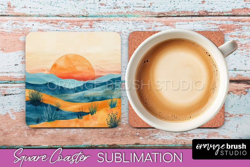Boho Square Coaster Sublimation - Minimalist Landscape PNG Sublimation OrangeBrushStudio 