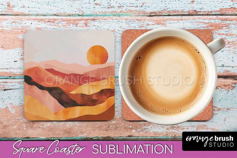 Boho Square Coaster Sublimation - Minimalist Landscape PNG Sublimation OrangeBrushStudio 