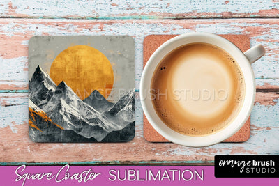 Boho Square Coaster Sublimation - Minimalist Landscape PNG Sublimation OrangeBrushStudio 