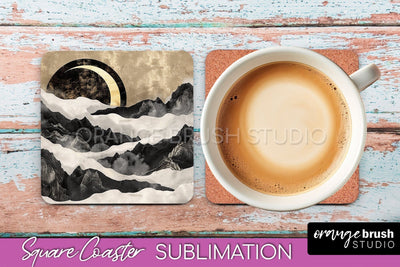 Boho Square Coaster Sublimation - Minimalist Landscape PNG Sublimation OrangeBrushStudio 