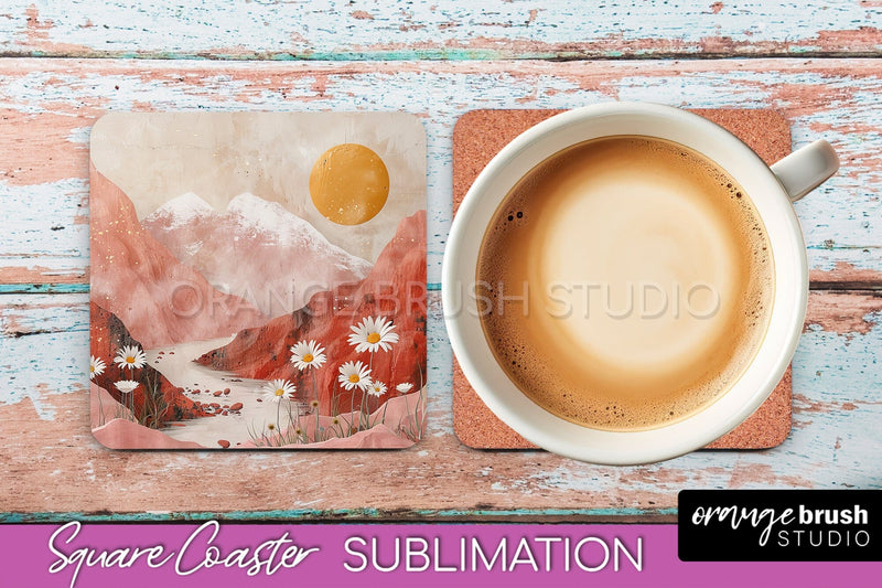 Boho Square Coaster Sublimation - Minimalist Landscape PNG Sublimation OrangeBrushStudio 