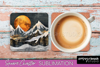 Boho Square Coaster Sublimation - Minimalist Landscape PNG Sublimation OrangeBrushStudio 