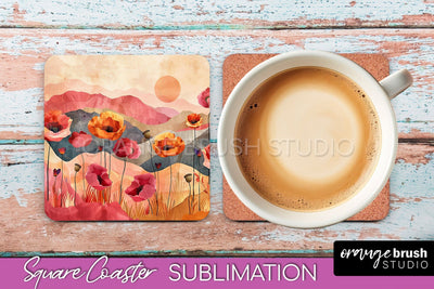 Boho Square Coaster Sublimation - Minimalist Landscape PNG Sublimation OrangeBrushStudio 