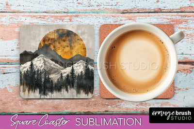 Boho Square Coaster Sublimation - Minimalist Landscape PNG Sublimation OrangeBrushStudio 