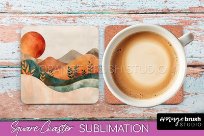 Boho Square Coaster Sublimation - Minimalist Landscape PNG Sublimation OrangeBrushStudio 
